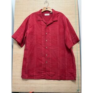 Caribbean Mens Red Tonal Jacquard Tropical Short Sleeve Button Down Shirt Large